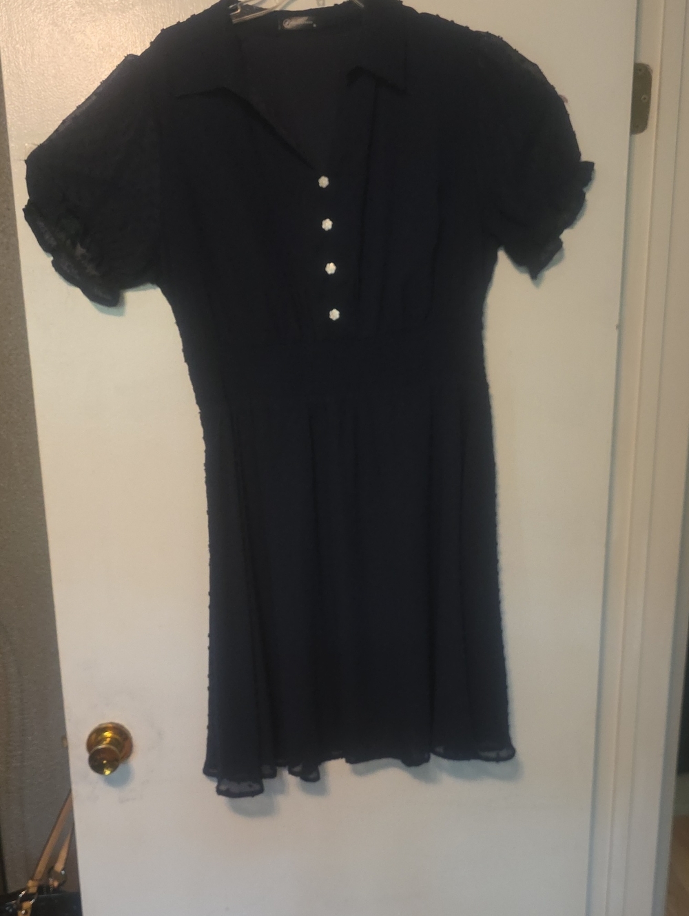 Classic Navy Short-Sleeve Dress With Smocked Waist